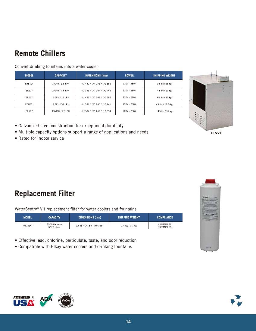 ELVEX GLOBAL catalog page 14: Remote Chillers & Replacement Filter