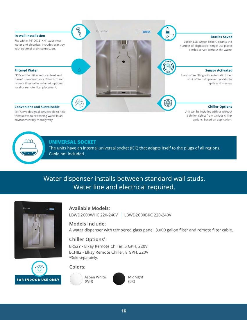 ELVEX GLOBAL catalog page 16: In-wall Water Dispenser Features