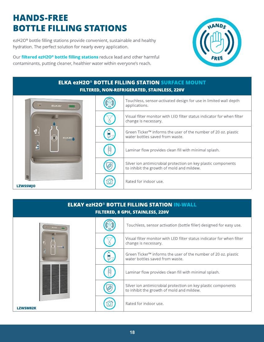 ELVEX GLOBAL catalog page 18: Hands-free Bottle Filling Station Models